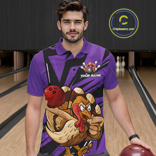 Custom Funny Turkey Bowling Shirts For Men, Purple Thanksgiving Bowling Shirt Team Uniform IPHW10679