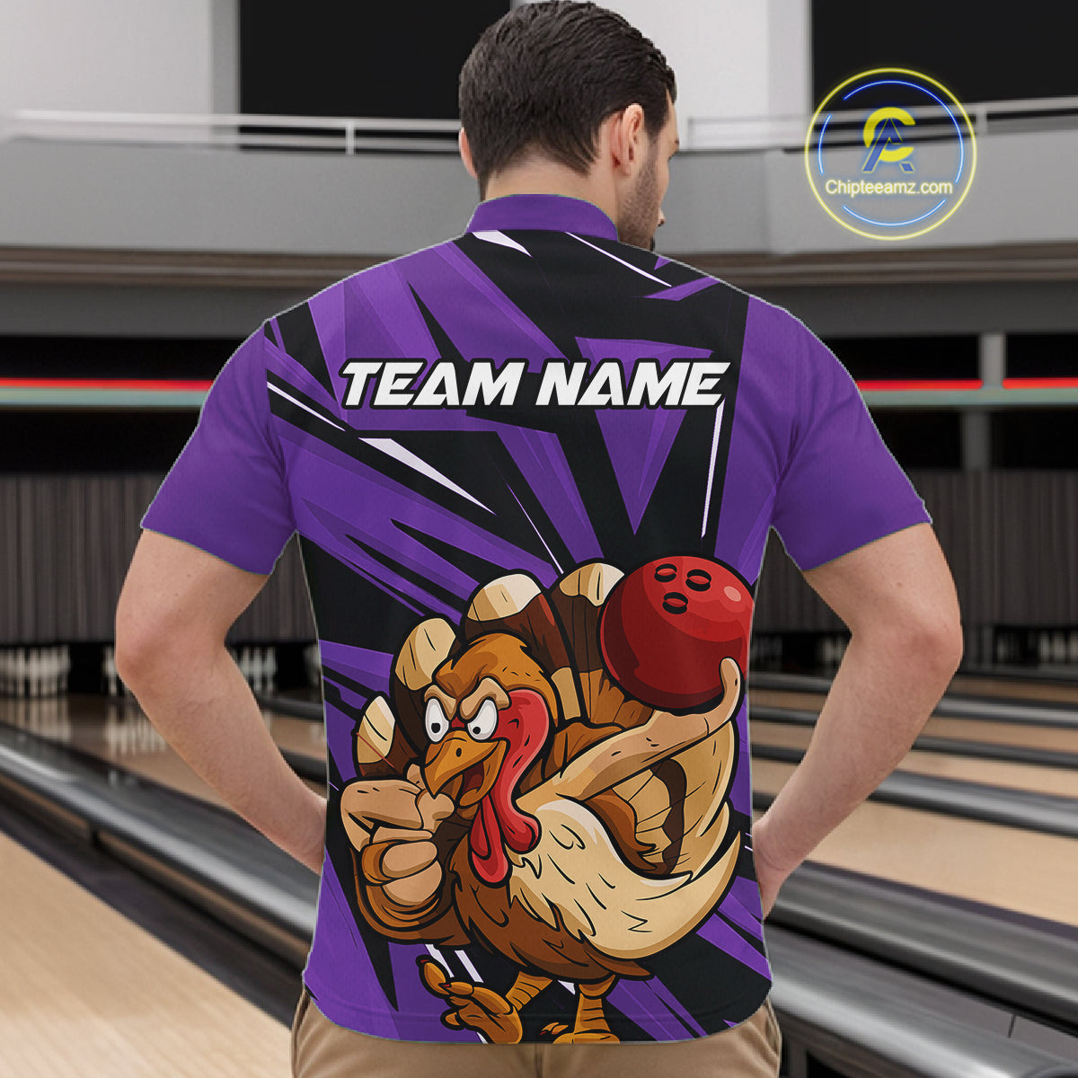 Custom Funny Turkey Bowling Shirts For Men, Purple Thanksgiving Bowling Shirt Team Uniform IPHW10679