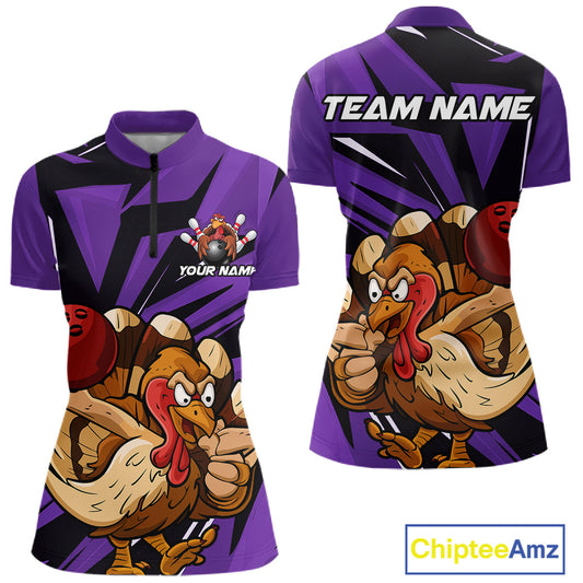 Custom Funny Turkey Bowling Shirts Women, Purple Thanksgiving Bowling Shirt Team Uniform IPHW10679