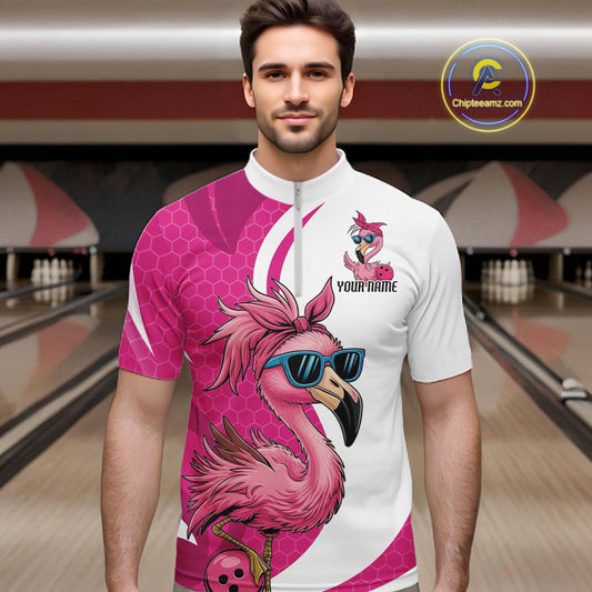 Custom Funny Hot Pink Flamingo Bowling Men Quarter-Zip Shirt, Bowling League Bowlers Outfit IPHW10680