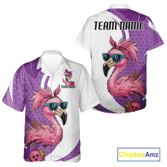 Custom Funny Purple Flamingo Bowling Men And Women Hawaiian Shirt, Bowling League Bowlers Outfit IPHW10682