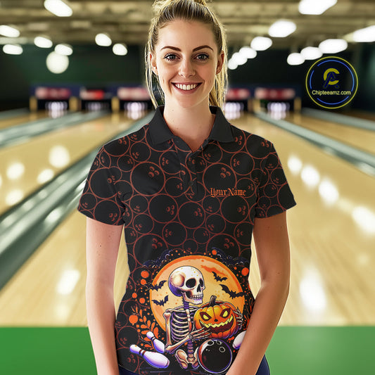 Custom Funny Skeleton Bowling Polo Shirts For Women, Halloween Bowling Team Outfit IPHW9604