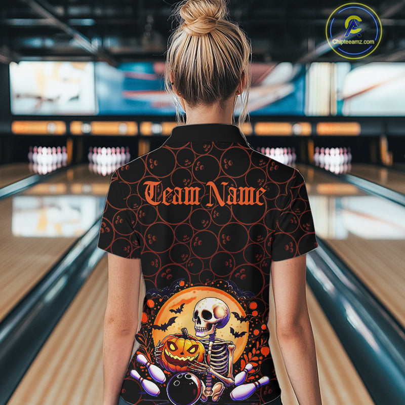 Custom Funny Skeleton Bowling Quarter-Zip Shirts For Women, Halloween Bowling Team Outfit IPHW9604