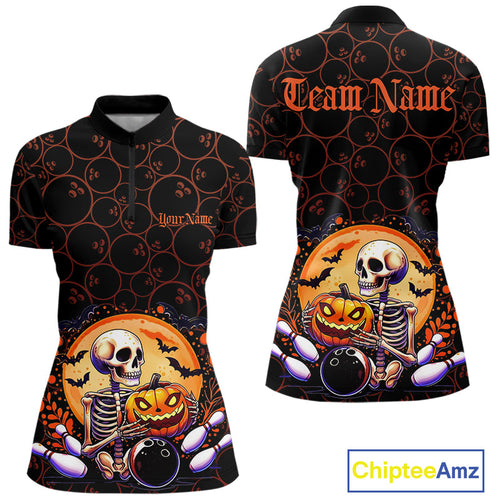 Custom Funny Skeleton Bowling Quarter-Zip Shirts For Women, Halloween Bowling Team Outfit IPHW9604