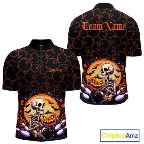 Custom Funny Skeleton Bowling Quarter-Zip Shirts For Men, Halloween Bowling Team Outfit IPHW9604
