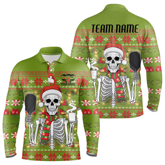 Funny Custom Ugly Sweater Pattern Skull Christmas Pickleball Long Sleeve Polo Shirts For Men IPHW8086