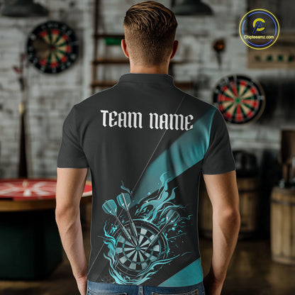 Custom Black And Blue Flame Dartboard Darts Team Men Polo Shirts, Darts Jerseys IPHW10374