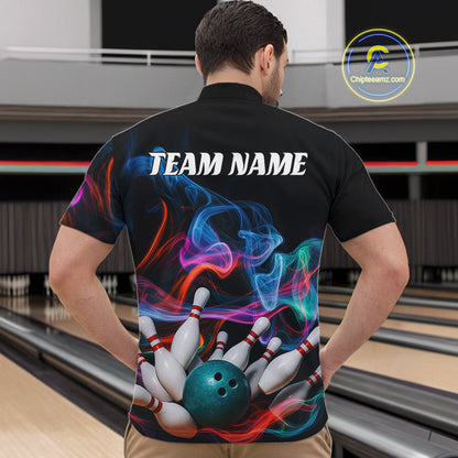 Custom Colorful Smoke Bowling Men Quarter-Zip Shirts, Bowling League Shirt Bowlers Outfit IPHW9018