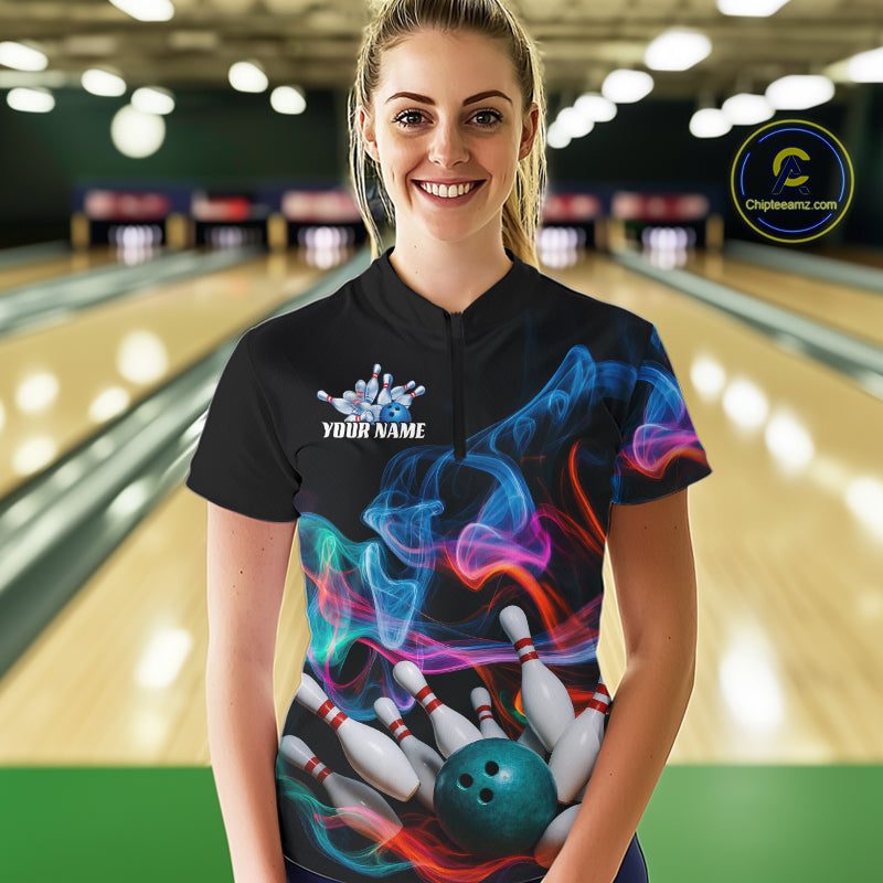 Custom Colorful Smoke Bowling Women Quarter-Zip Shirt, Bowling League Shirt Bowler Outfit IPHW9018