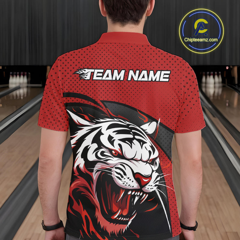 Custom Black And Red Tiger Bowling Team Polo Shirts For Men, Bowling League Shirt IPHW9019
