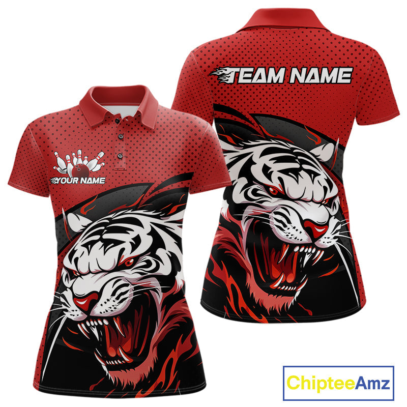 Custom Black And Red Tiger Bowling Team Polo Shirts For Women, Bowling League Shirt IPHW9019