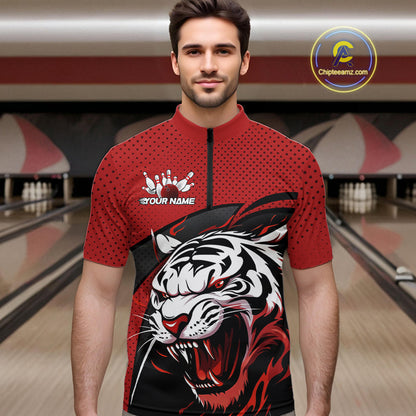 Custom Black And Red Tiger Bowling Team Quarter-Zip Shirts For Men, Bowling League Shirt IPHW9019