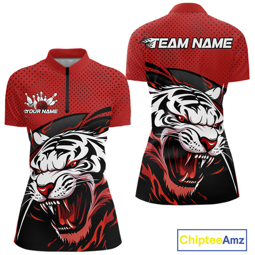 Custom Black And Red Tiger Bowling Team Quarter-Zip Shirt For Women, Bowling League Shirt IPHW9019