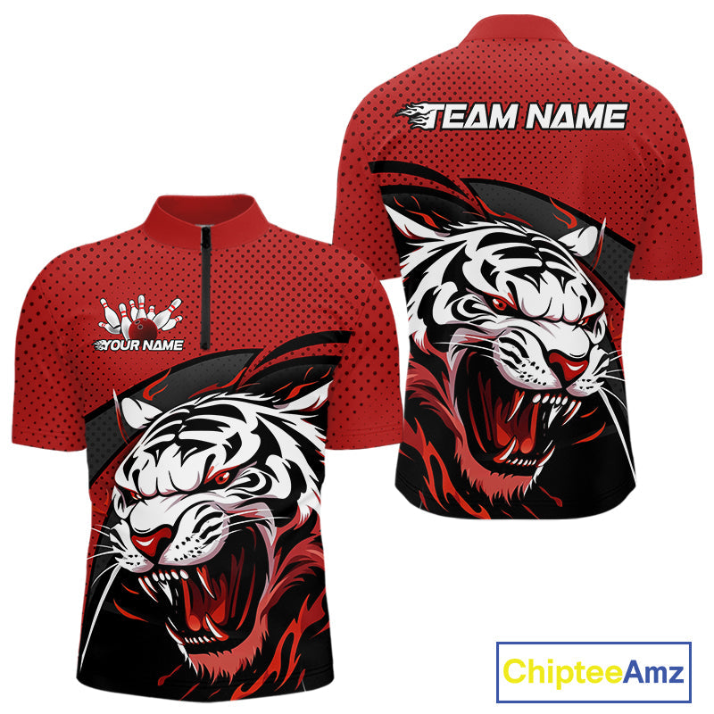 Custom Black And Red Tiger Bowling Team Quarter-Zip Shirts For Men, Bowling League Shirt IPHW9019