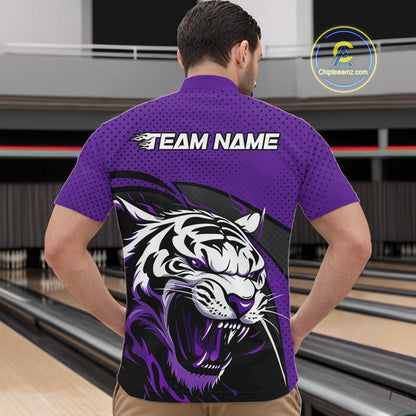 Custom Black And Purple Tiger Bowling Team Quarter-Zip Shirts For Men, Bowling League Shirt IPHW9020