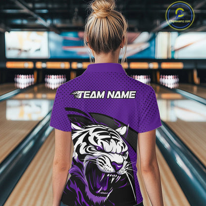 Custom Black And Purple Tiger Bowling Team Women Quarter-Zip Shirts, Bowling League Shirt IPHW9020