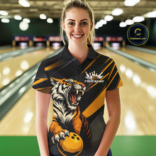 Load image into Gallery viewer, Personalized Tiger Bowling Team Women Polo Shirts, Black And Yellow Tiger Bowling Jerseys IPHW9022