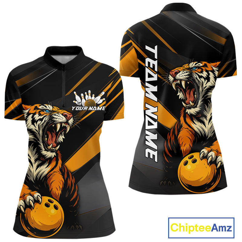 Personalized Tiger Bowling Team Women Quarter-Zip Shirts, Yellow Tiger Bowling Jerseys IPHW9022