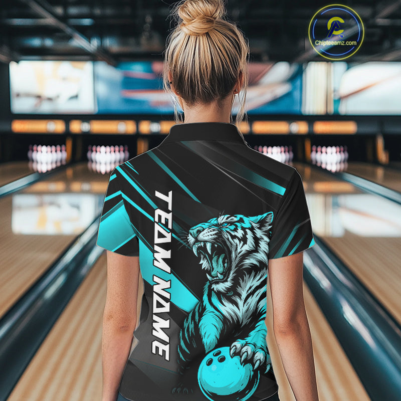 Personalized Tiger Bowling Team Women Polo Shirts, Black And Blue Tiger Bowling Jerseys IPHW9023