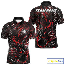 Load image into Gallery viewer, Custom Black And Red Patriotic Flame Bowling Jerseys, US Flag Bowling Shirt For Men IPHW11170