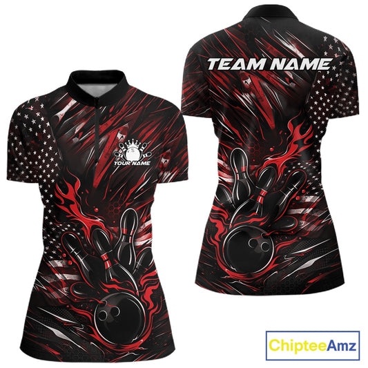 Women’s quarter zip bowling shirt mockup showcasing black and red colorway with patriotic flames bowling ball striking pins and American flag inspired design
