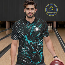 Load image into Gallery viewer, Custom Turquoise Blue Patriotic Flame Bowling Jerseys, US Flag Bowling Shirt For Men IPHW11171