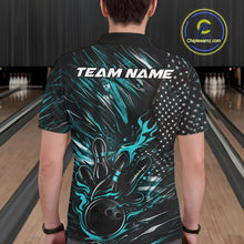 Load image into Gallery viewer, Custom Turquoise Blue Patriotic Flame Bowling Jerseys, US Flag Bowling Shirt For Men IPHW11171