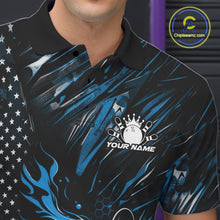 Load image into Gallery viewer, Custom Black And Blue Patriotic Flame Bowling Jerseys, US Flag Bowling Shirt For Men IPHW11172