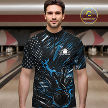 Load image into Gallery viewer, Custom Black And Blue Patriotic Flame Bowling Jerseys, US Flag Bowling Shirt For Men IPHW11172