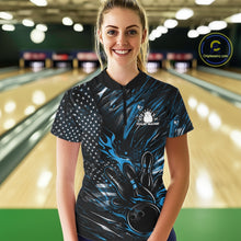 Load image into Gallery viewer, Custom Black And Blue Patriotic Flame Bowling Jerseys, US Flag Bowling Shirt For Women IPHW11172