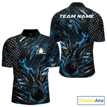 Load image into Gallery viewer, Custom Black And Blue Patriotic Flame Bowling Jerseys, US Flag Bowling Shirt For Men IPHW11172