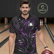 Load image into Gallery viewer, Custom Black And Purple Patriotic Flame Bowling Jerseys, US Flag Bowling Shirt For Men IPHW11173