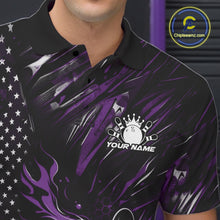 Load image into Gallery viewer, Custom Black And Purple Patriotic Flame Bowling Jerseys, US Flag Bowling Shirt For Men IPHW11173