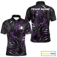 Load image into Gallery viewer, Custom Black And Purple Patriotic Flame Bowling Jerseys, US Flag Bowling Shirt For Men IPHW11173