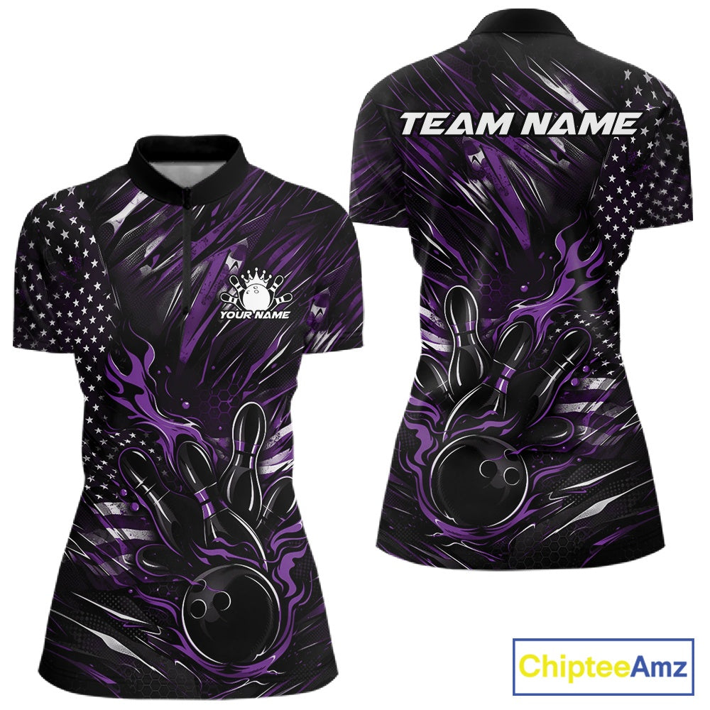 Women’s quarter zip bowling shirt mockup showcasing black and purple colorway with patriotic flames bowling ball hitting pins and flag-themed graphics