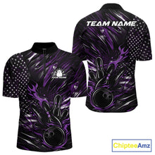 Load image into Gallery viewer, Custom Black And Purple Patriotic Flame Bowling Jerseys, US Flag Bowling Shirt For Men IPHW11173