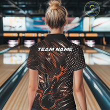 Load image into Gallery viewer, Custom Black And Orange Patriotic Flame Bowling Jerseys, US Flag Bowling Shirt For Women IPHW11174