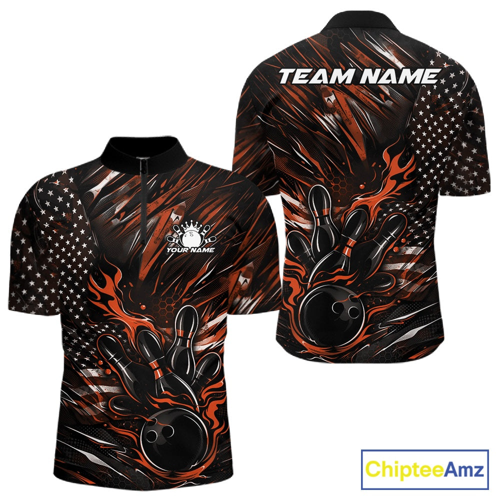 Front and back display of a black and orange men’s bowling quarter-zip shirt featuring a patriotic flaming bowling ball striking pins and American flag accents.