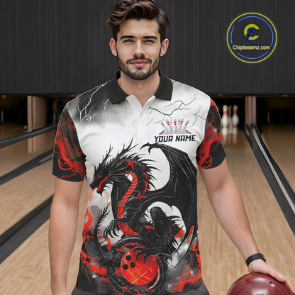 Front view of a male model in a bowling alley wearing a custom bowling polo shirt featuring a red dragon and lightning strikes design.
