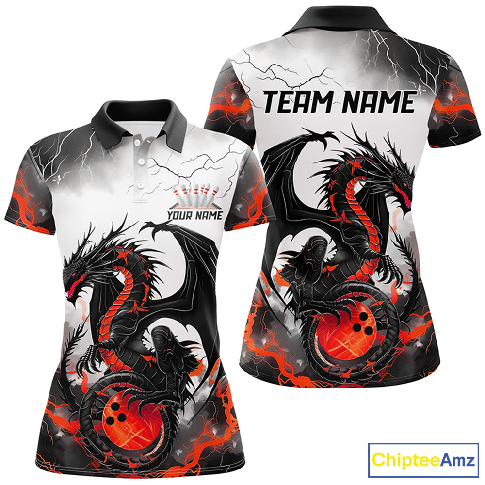 Front and back views of a custom womens bowling polo shirt featuring a red dragon and lightning strikes design.
