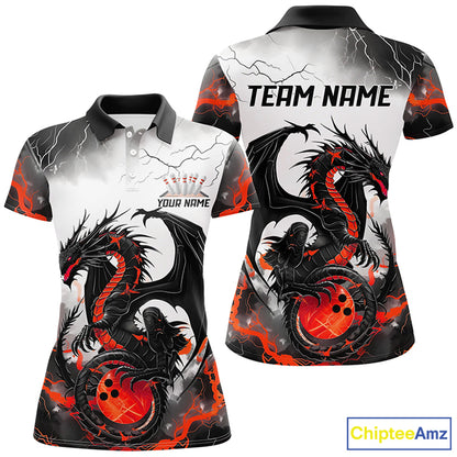 Front and back views of a custom womens bowling polo shirt featuring a red dragon and lightning strikes design.