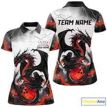Load image into Gallery viewer, Front and back views of a custom womens bowling polo shirt featuring a red dragon and lightning strikes design.