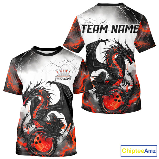 Front and back views of a custom mens crewneck T shirt featuring a red dragon and lightning strikes design.