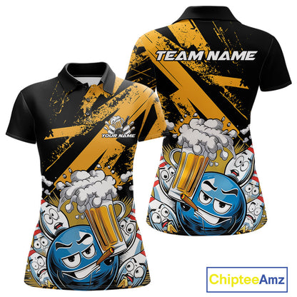 Custom Funny Cool Bowling Ball Bowling And Beer Women Polo Shirts, Grunge Bowling Uniform IPHW9611