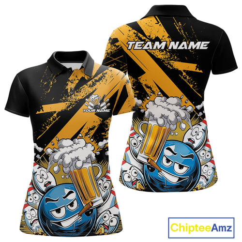 Custom Funny Cool Bowling Ball Bowling And Beer Women Polo Shirts, Grunge Bowling Uniform IPHW9611