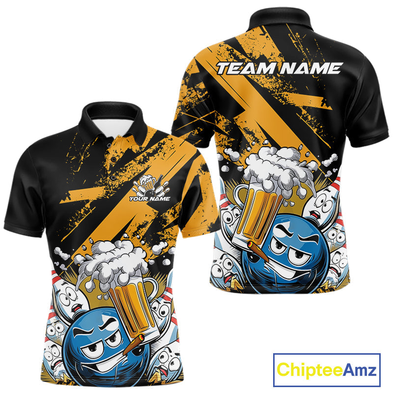 Custom Funny Cool Bowling Ball Bowling And Beer Men Polo Shirts, Grunge Bowling Uniform IPHW9611