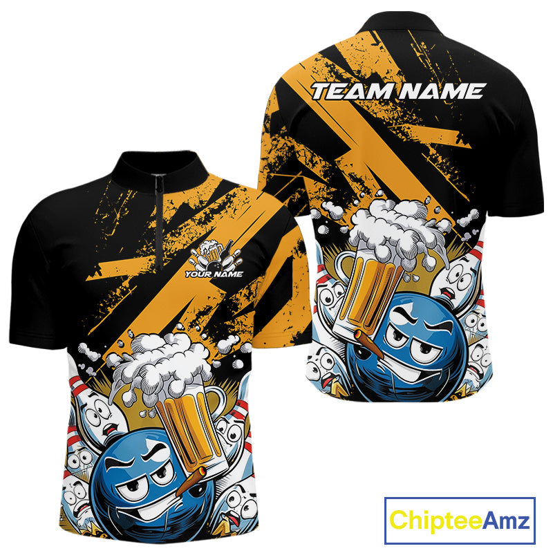 Custom Funny Cool Bowling Ball Bowling And Beer Men Quarter-Zip Shirts, Grunge Bowling Uniform IPHW9611