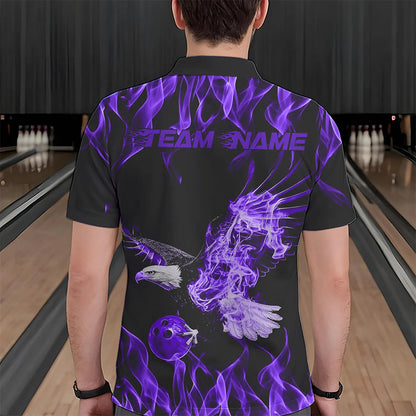 Custom Black And Purple Flame Eagle Bowling Team Men Polo Shirts, Eagle Bowling League Shirt IPHW8790