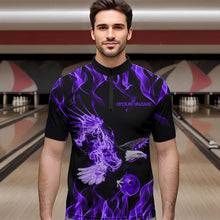 Load image into Gallery viewer, Custom Black And Purple Flame Eagle Bowling Team Men Quarter-Zip Shirts, Eagle Bowling League Shirt IPHW8790