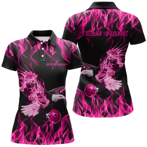 Custom Black And Pink Flame Eagle Bowling Team Women Polo Shirt, Eagle Bowling League Shirt IPHW8791